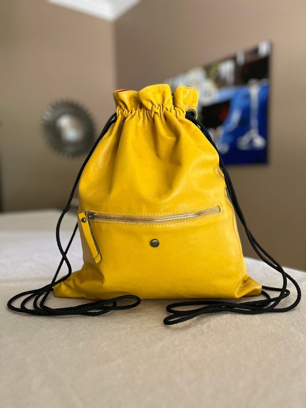 Avorio Leather Knapsack/Bag from Florence - Mustard - Authentic